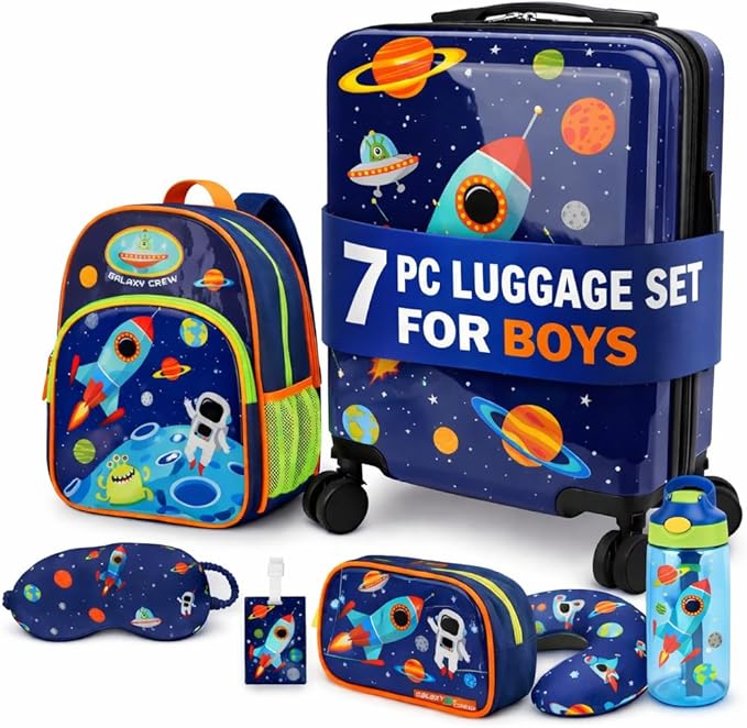 emissary 7pcs Space Boy’s Luggage Set with wheels – Rolling Luggage, Backpack, Eye Mask, Toiletry Bag, Suitcase Tag, Neck Pillow & Water Bottle – Carry Luggage for Kids & Boys with Wheels