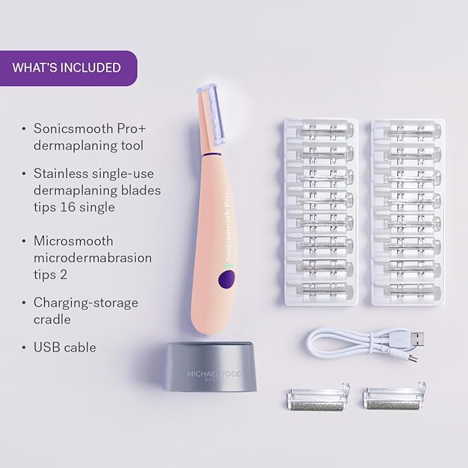 Michael Todd Beauty Sonicsmooth Pro+ Dermaplane Razor for Women Face + Eyebrow Trimmer Dermaplaning System w/LED Light Peach Fuzz Remover -16 Dermaplaning Blades & 2 Microsmooth Exfoliation Tips