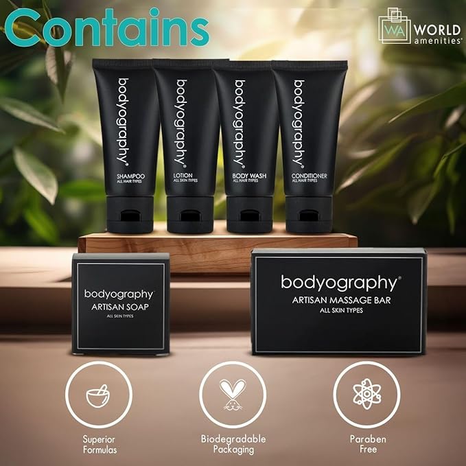 World Amenities - Bodyography Toiletry Kit, 6 Piece Set Shampoo, Conditioner, Body Wash, Lotion, Hand Soap, Massage Bar, Clear Travel Bag