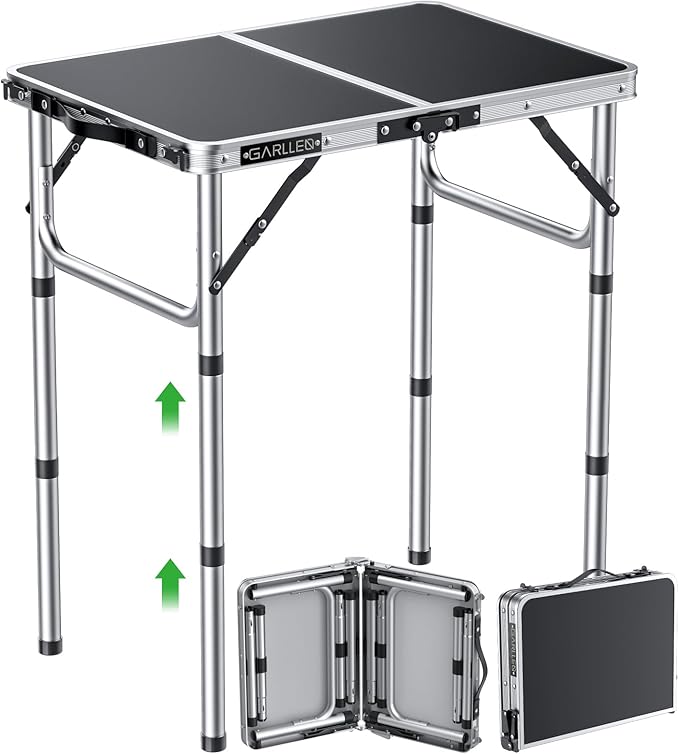 GARLLEN 2ft Folding Camping Table, Portable Folding Picnic Table with 3-Height Adjustable, Lightweight Aluminum Outdoor Tables for BBQ, Camping, Cooking, 22.8" L x 15.7" W, Silver