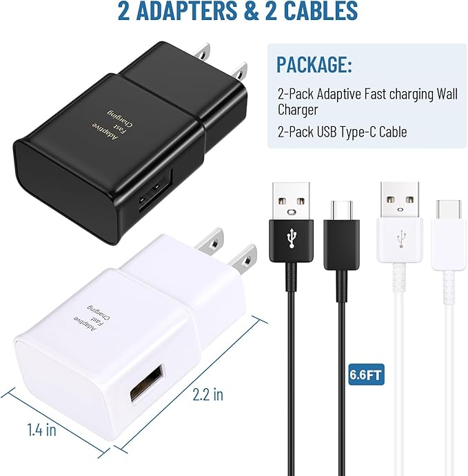 USB C Charger,Fast Charger Samsung with USB Type C Cable 6.6ft for Samsung Galaxy S8/S9/S10/S10 Plus/S10E/S26/S20/S20 Plus/S21/S21 Ultra/S22/S22 Plus/S22 Ultra/S25/Note 8/9/10/20 (2 Pack,Black&White)
