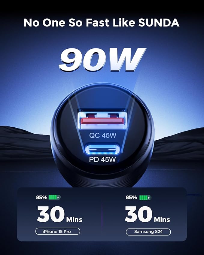 SUNDA 90W USB C Fast Car Charger, 2-Port Adapter, PD45W/QC45W QC 3.0 for iPhone 17/16 Pro/Max/iPhone 15/Laptop/Galaxy/Samsung S25/S24 (Black)