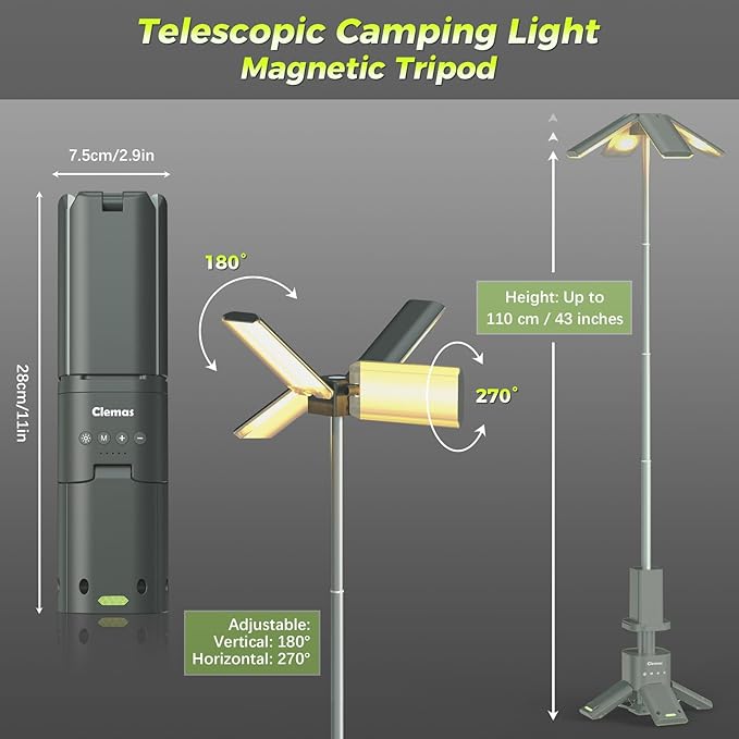 Clemas Telescopic Camping Lights with Remote Control,14000 mAh Rechargeable,6000LM Led Lanterns with Memory Function, Dimmable Magnetic Job Work Light,Tent Lamp,Portable Power Supply IPX5 (Space Gray)