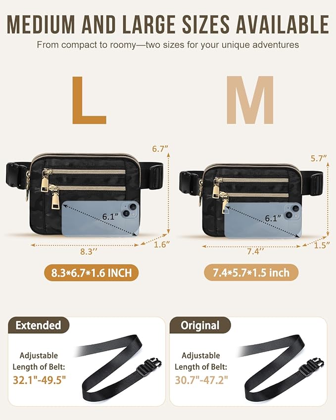 Capolo Fanny Packs for Women Fashion Waist Packs Bag with Adjustable Strap and 4 Zipper Pockets Waterproof Everywhere Crossbody Belt Bag for Workout Running Travelling(Black Camo, Large)