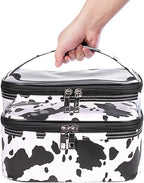 Double-layer Cosmetic Bag Makeup Bag Travel Makeup Bag Makeup Bags for Women Cosmetics Cases Portable Waterproof Foldable (Cow Print)