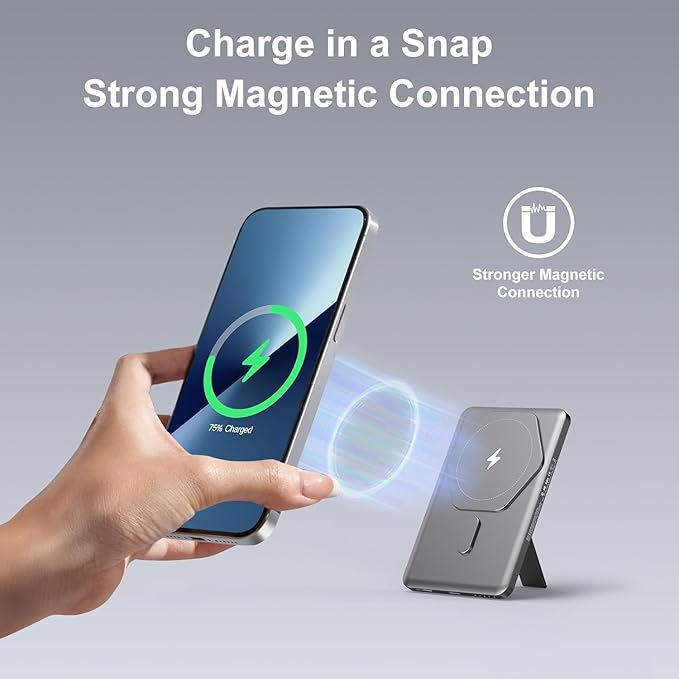 SIXTHGU Magnetic Slim Portable Charger with Stand, 5000mAh Wireless Power Bank[Alloy-Made], PD 20W Fast Charging Compatible with iPhone 16/15/15 Pro/15 Pro Max,for iPhone 14/13/12 Series