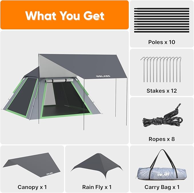 Golabs Pop Up Camping Tent for 2/3/4 Person, 1-Min Setup by Pre-Attached Pole, 4 Side Mesh& Door for View/Airflow, CT2 Instant Canopy Tent with PU1500mm Waterproof, for Outdoor/Camping/Music Festivals