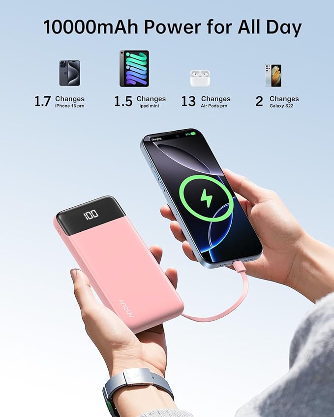Portable Charger with Built-in Cables 10000mAh Power Bank with Cords, Slim Battery Pack with LED Display, Travel Essential Portable Charger for iPhone 17/16/15/14 Series, Android Samsung Google Pixel