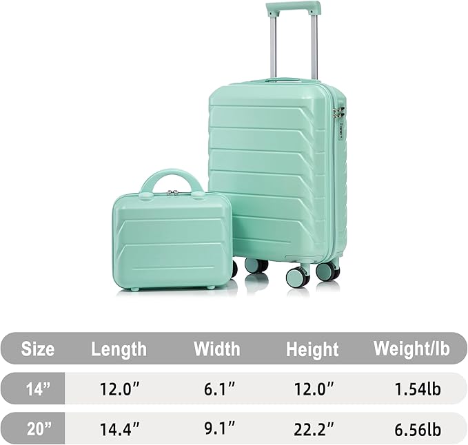 20 Inch Carry on Luggage with 14 Inch Cosmetic Case, 2 Pcs Hardshell Lightweight Durable Spinner Suitcase Set for Travel, Women, Men, TSA Lock, ABS, 20+14 Inch (Mint Green)