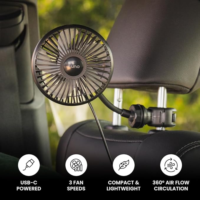 Luno Car Camping Fan - Suction Cup Fan for Car | USB-C Powered with 3 Speeds, Flexible Arm, 5 Blades, 360° Airflow & Headrest Mount - Compact Cooling Solution for Camping & Road Trips