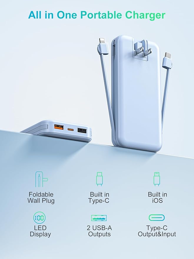 Portable Charger with Built-in Cables and Wall Plug, 10000mAh PD20W USB C Power Bank Fast Charging with LED Display, External Battery Pack Travel Essentials Compatible with iPhone, iPad, Samsung Blue