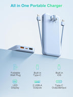 Portable Charger with Built-in Cables and Wall Plug, 10000mAh PD20W USB C Power Bank Fast Charging with LED Display, External Battery Pack Travel Essentials Compatible with iPhone, iPad, Samsung Blue