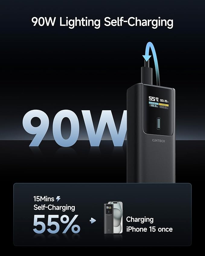 CUKTECH 100W Power Bank, 10000mAh Portable USB C Charger with Smart TFT Display, PD3.0 Fast Charging Compatible iPhone 16/15 Series, Samsung Galaxy S24/S23, iPad Air/Pro, MacBook, Dell etc.
