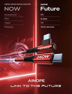 AINOPE 240W Long USB C Cable 10 ft USB C Cable Fast Charging Type C Charger Right Angle Fit iPhone 16 15 Pro MacBook Max iPad Samsung 25 10FT Red