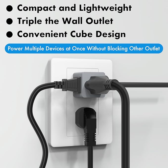 POWERCORDS 3 Power Blocks Outlet Splitter, 3 Pack, Grounded Wall Tap, 3-Prong Plug Adapter AC Multi Plug Wall Outlet, Power Splitter, Cruise Essentials, for Home Office School Dorm, UL Listed,Grey