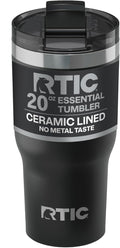 RTIC 20oz Essential Tumbler with Lid, Ceramic Lined, Insulated, Stainless Steel, Metal, Double Wall Vacuum-Insulation, Travel Cup for Iced Coffee, Tea, Hot and Cold Drink, Black