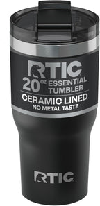 RTIC 20oz Essential Tumbler with Lid, Ceramic Lined, Insulated, Stainless Steel, Metal, Double Wall Vacuum-Insulation, Travel Cup for Iced Coffee, Tea, Hot and Cold Drink, Black
