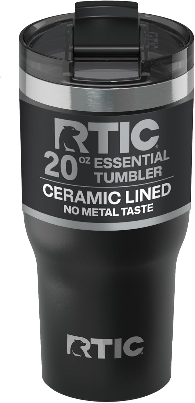 RTIC 20oz Essential Tumbler with Lid, Ceramic Lined, Insulated, Stainless Steel, Metal, Double Wall Vacuum-Insulation, Travel Cup for Iced Coffee, Tea, Hot and Cold Drink, Black