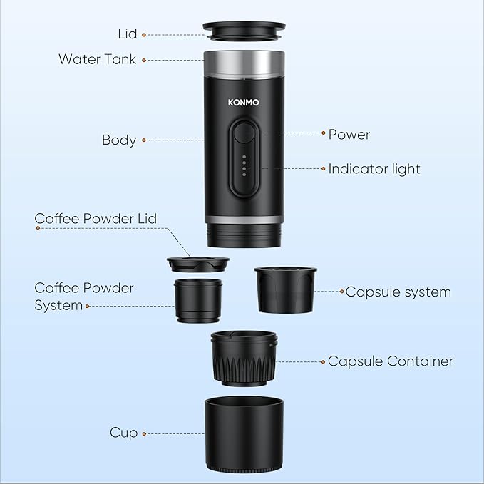 Portable Espresso Machine with Self-Heating System, 15 Bar Portable Coffee Maker Compatible with Capsules & Ground Coffee, Espresso Maker for Car, Camping & Travel