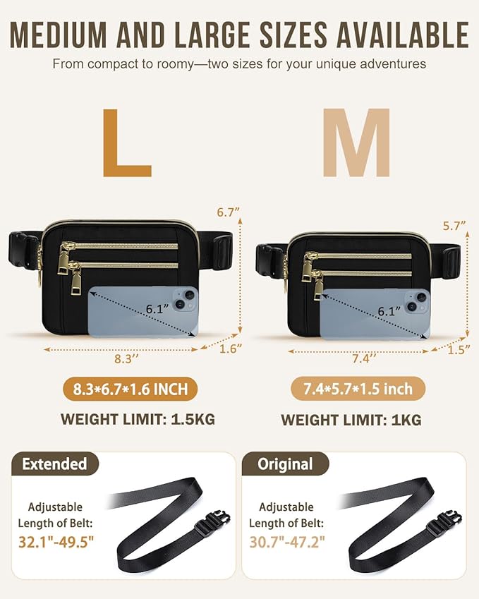 Capolo Fanny Packs for Women Fashion Waist Packs Bag with Adjustable Strap and 4 Zipper Pockets Waterproof Everywhere Crossbody Belt Bag for Workout Running Travelling(Black, Large)