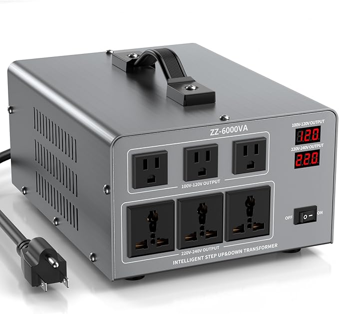 6000W Voltage Converter Transformer Step Up/Down 110V/120V to 220V/240V, Auto Voltage Recognition, Heavy Duty Power Converter with 6 Outlets, LCD Display & Circuit Breaker for Home, International Use