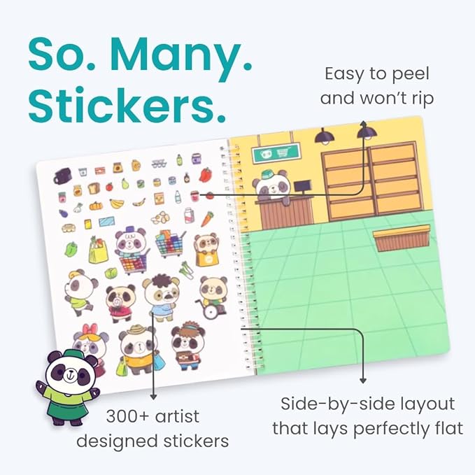 Panda 300+ Kids Sticker Book by Cupkin Toddler Airplane Travel Coloring and Sticker Book, Road Trip Essentials, 8 Coloring Pages 8 Side by Side Scenes for Ages 2–8 Years