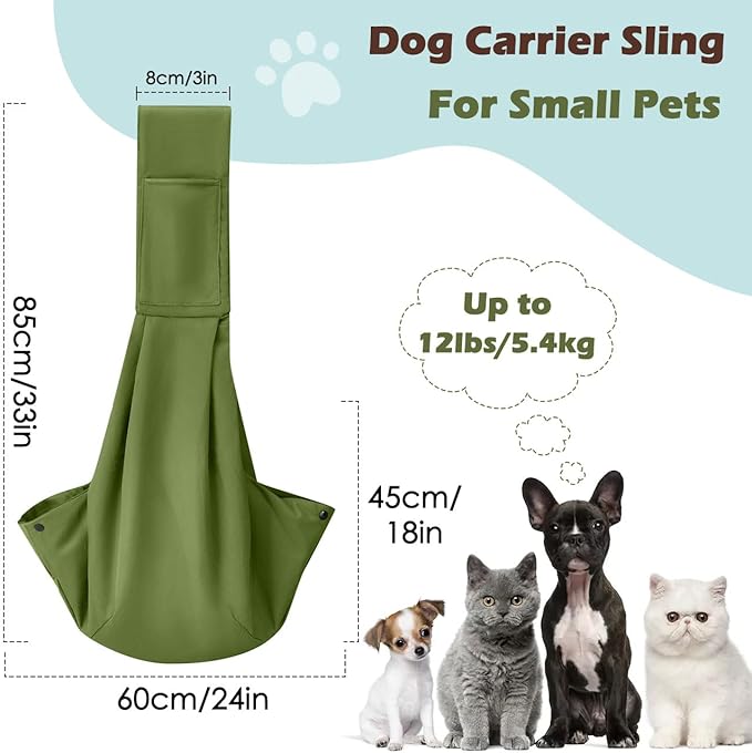 Pawaboo Small Dog Sling Carrier, Reversible Hands Free Dog Sling Carriers for Small Dogs and Cats, Puppy Slings Carrier with Safety Harness, Puppy Essentials, Matcha Green