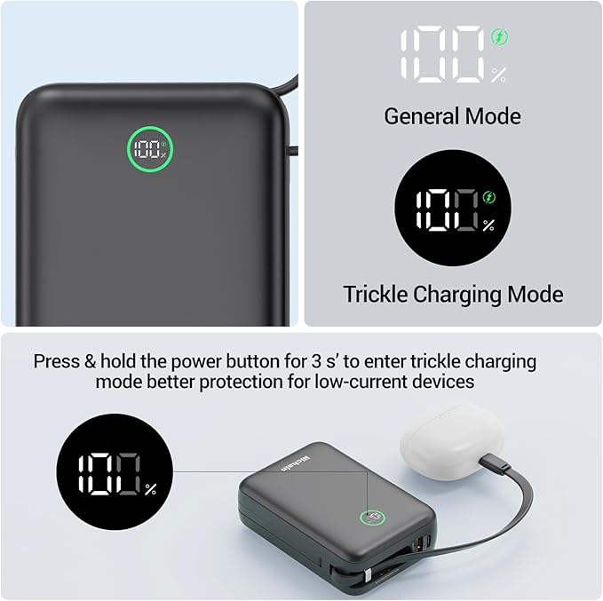 Hichain 20,000mAh 35W Power Bank Fast Charging Portable Charger for iPhone 17/16/15/14/13, iPad, Android, LED Display 4 Outputs Battery Pack Built in Dual Cables Portable Travel Charger Gray