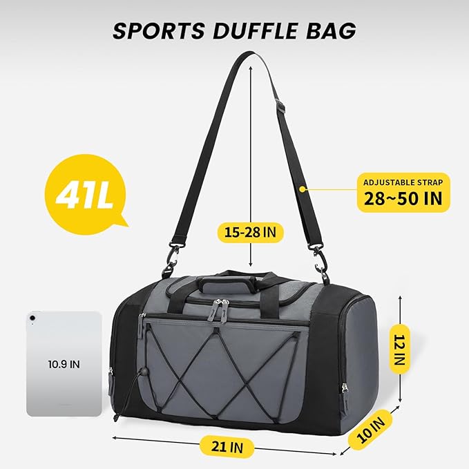 Vorspack Gym Bag for Men - 21 Inches Duffle Bag for Travel Lightweight Duffel Bag with Shoe Compartment Personal Item Travel Bag Weekender Bag for Travel Sports Gym - Grey
