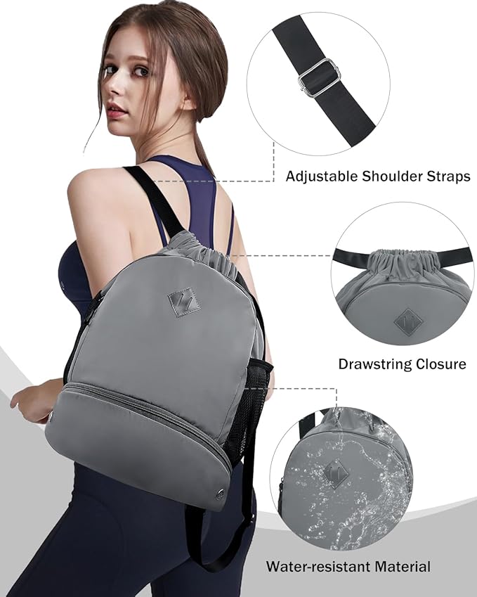 RHDZO Drawstring Backpack Gym Backpack with Shoe Compartment for Men Women String Sports Bag with Wet Pocket Cinch Swim Beach Bag, Large Gray