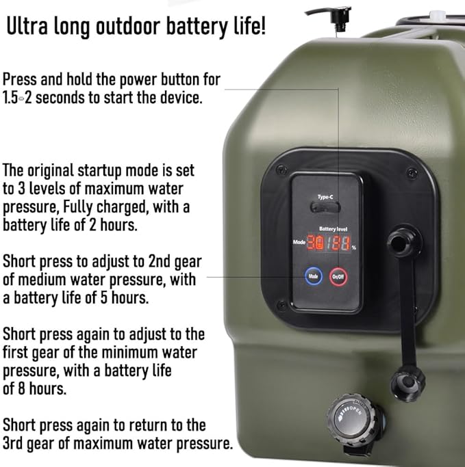 Portable Camp Shower 5-Gallon 2/5/8 Hours Battery Life Cordless Electric Rechargeable Food-Grade Water Tank for Camping Pressure Washer for Garden & Pet Cleaning