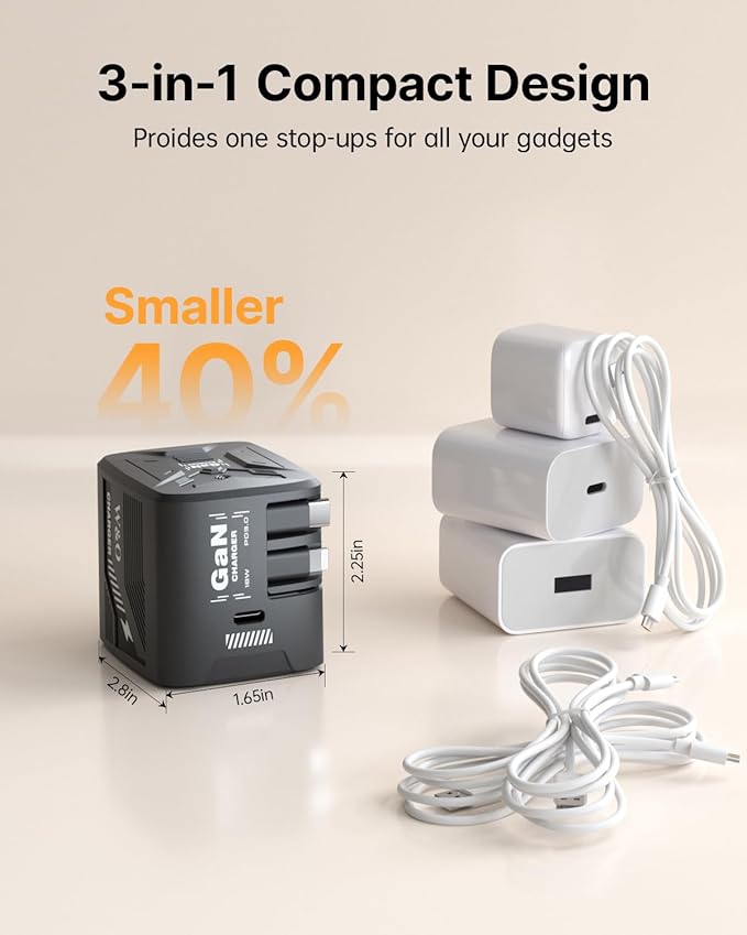 W & O 60W gan Fast Charger for iPhone, Retractable Phone Charger Wall Plug with USB‑C & Compatible Lightning Cables,for iPhone 17/16/15, Galaxy S25/24,Android Devices（Black