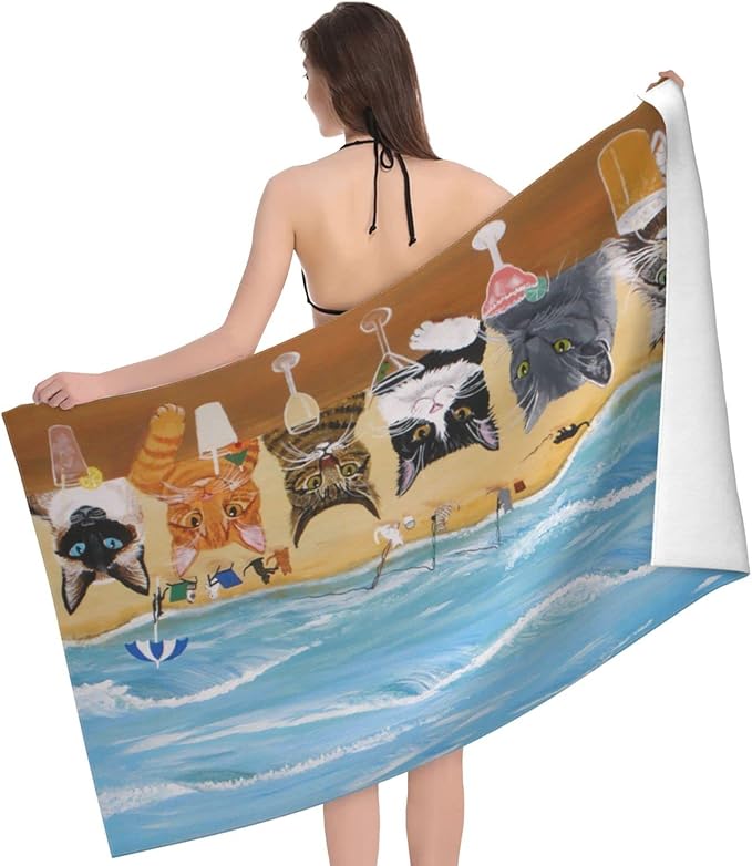 Cat Microfiber Beach Towel for Women, Adults - Cute Personalized, Oversized, Quick Dry, Sand Free - 30"x 60"