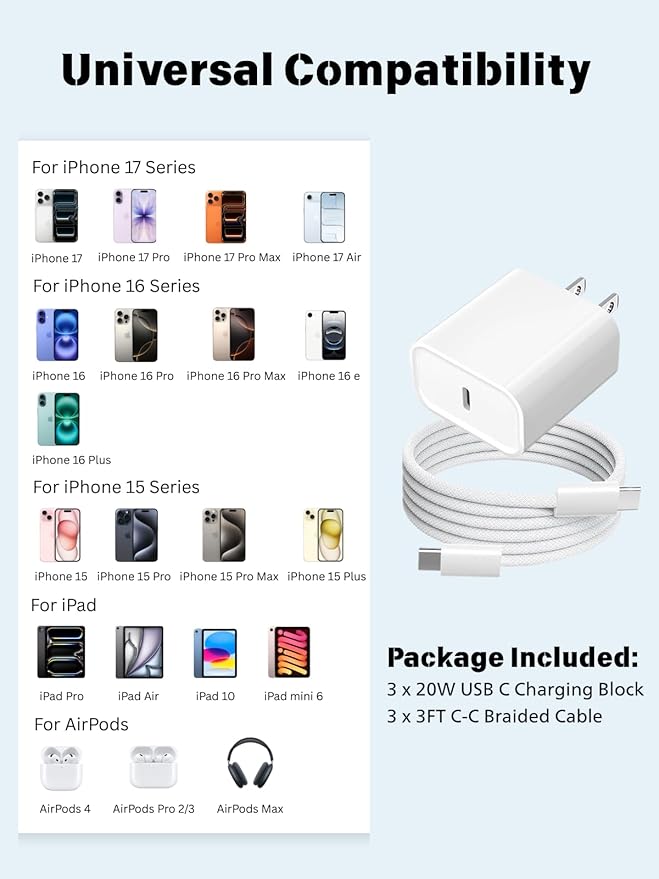 iPhone 17 16 15 Charger Fast Charging 20W Apple USB C Adapter Fast Charger Comes with 3FT C to C Woven Charging Cable Compatible with iPhone Air/17 Pro Max/16 Pro/16e/15 Plus,iPad Pro/Air/Mini,AirPods