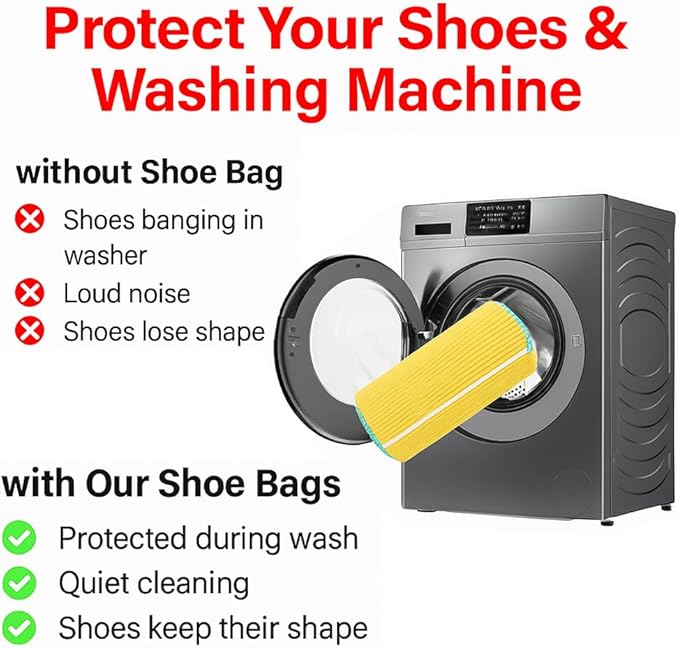 Shoe Washing Machine Bags with Protective Zipper, 2-Pack Reusable Shoe Washing Bag for Sneakers, Tennis & Running Shoes - Yellow