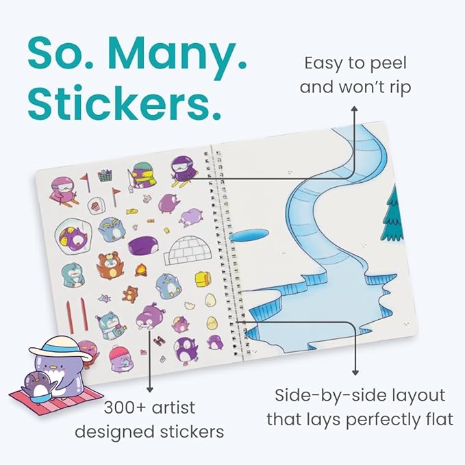 Penguin 300+ Kids Sticker Book by Cupkin Toddler Airplane Travel Coloring and Sticker Book, Road Trip Essentials, 8 Coloring Pages 8 Side by Side Scenes for Ages 2–8 Years