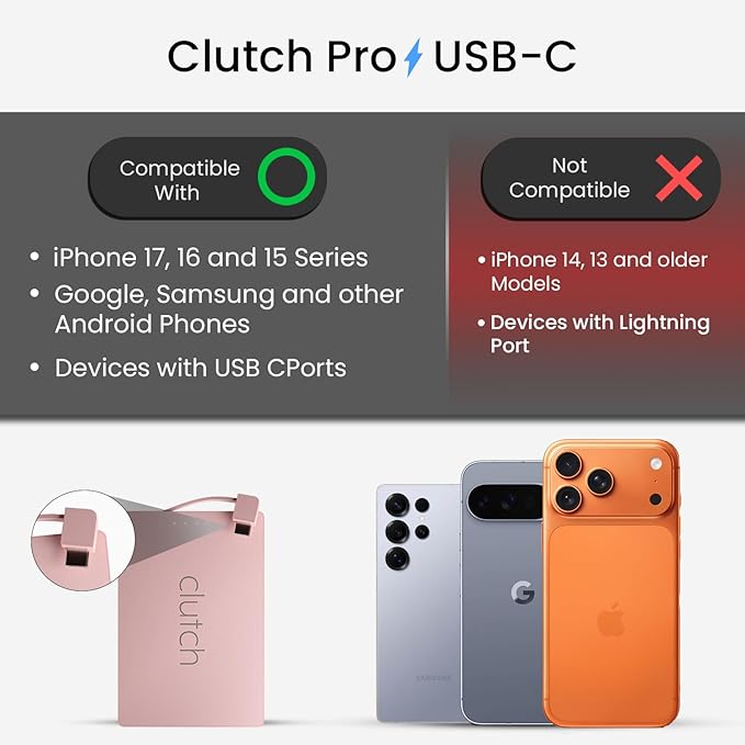 Clutch Pro – World's Thinnest Portable Charger – USB-C Power Bank 5000mAh – Magnetic Built-in Cable – TSA Approved Travel Charger – iPhone 15/16/17 & Android – Pink
