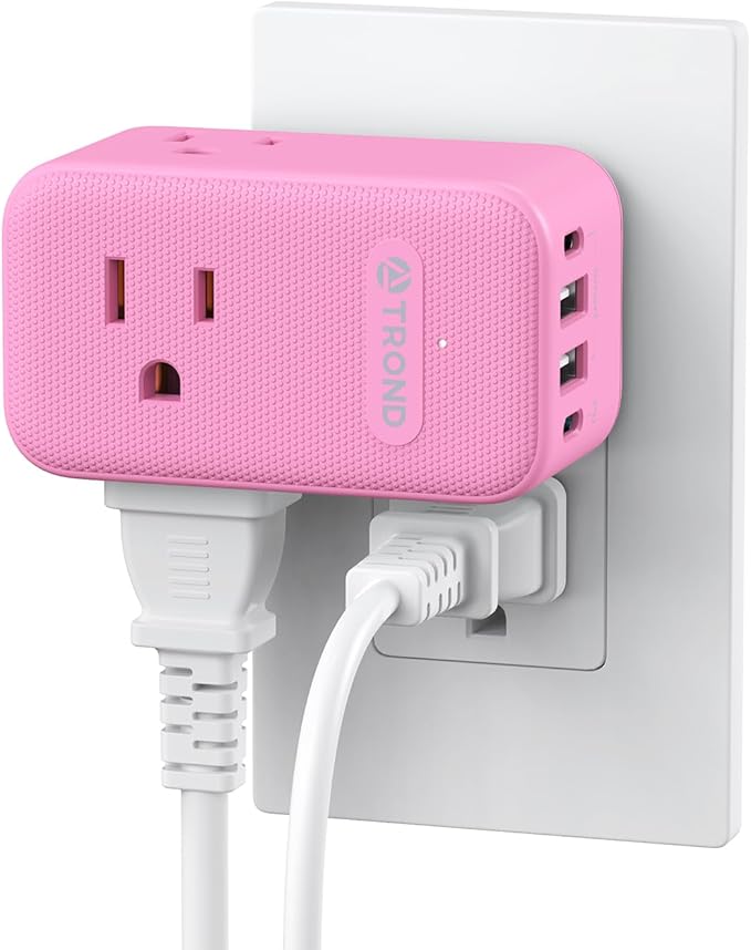 TROND Outlet Extender with USB C, 3 AC Outlet Splitter with 360 Rotation, Multiple Wall Plug with PD 20W Port, Cute Pink Plug Extension for Home Decoration, Travel Cruise Essentials