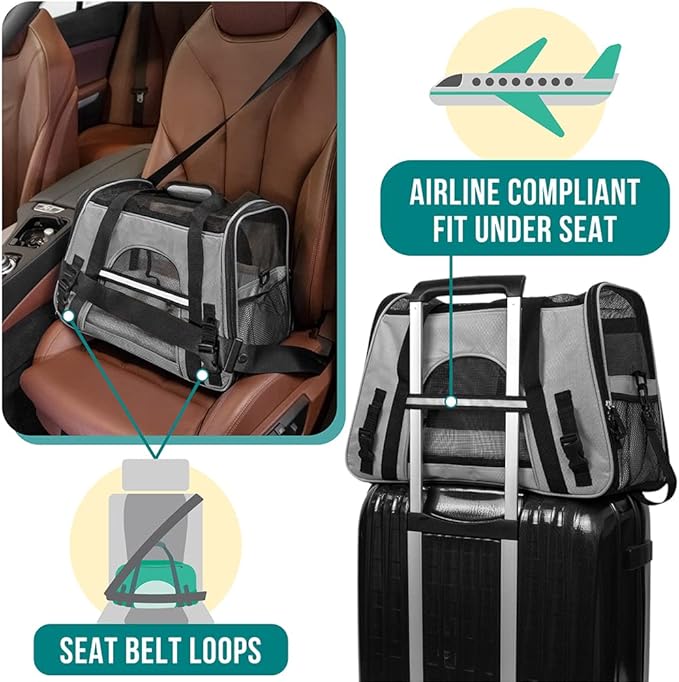 PetAmi Airline Approved Pet Carrier for Cats & Small Dogs, Soft Sided TSA Travel Carrier Bag with Sherpa Bed, Breathable Mesh Ventilation, Collapsible Bowl, Fits Under Seat, Up to 18 lbs, Large Gray