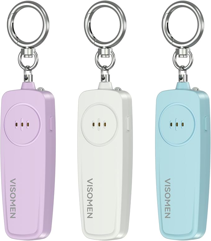 Personal Safety Alarm Keychain for Women,3-Pack,Loud Siren with Flashing LED Light,Portable Emergency Security Device,Gifts for Kids,Presents for Elderly,Night Running,Purple White Blue