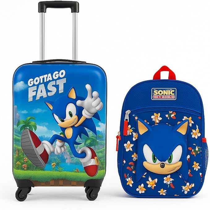 AI ACCESSORY INNOVATIONS Sonic the Hedgehog Kids Luggage and Backpack Set - 18" Luggage Suitcase With Wheels, 13.75" Backpack