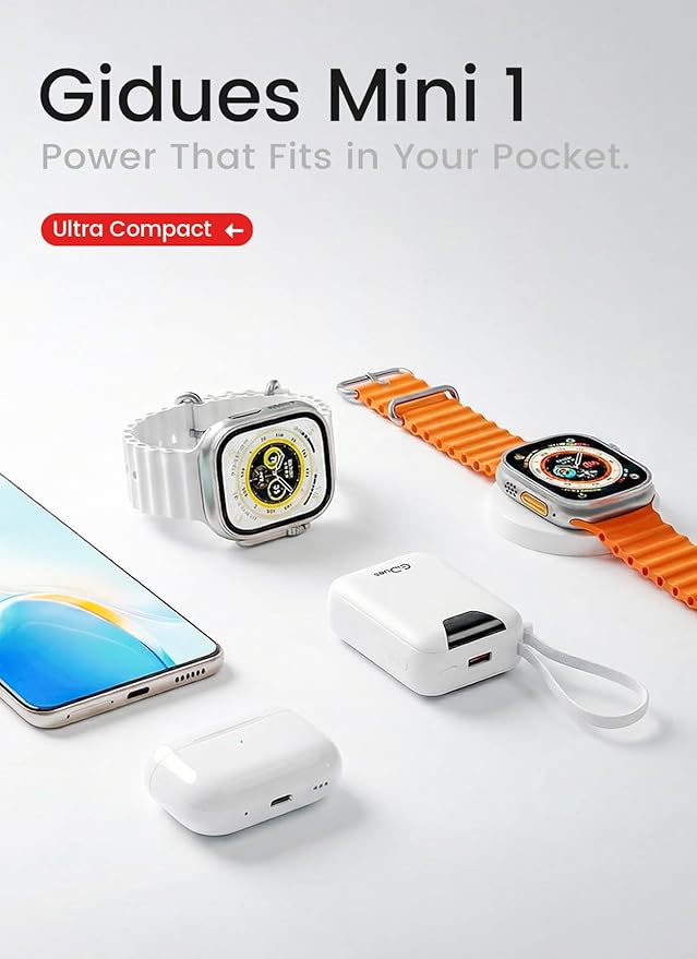 M1 Mini Portable Charger, 10000mAh Ultra-Compact Power Bank, 22.5W PD Fast Charging, Tpye-C Built-in Cable, Small External Battery Pack for iPhone, Samsung, Android iPad (White)