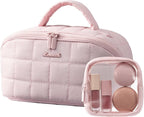 LOVEVOOK Travel Makeup Bag for Women, 2Pcs Puffer Waterproof Cosmetic Organizer, Large Capacity Pouch Open Flat Small Toiletry Bag with Brush Compartment & Handle (Pink-Checkered, Medium)