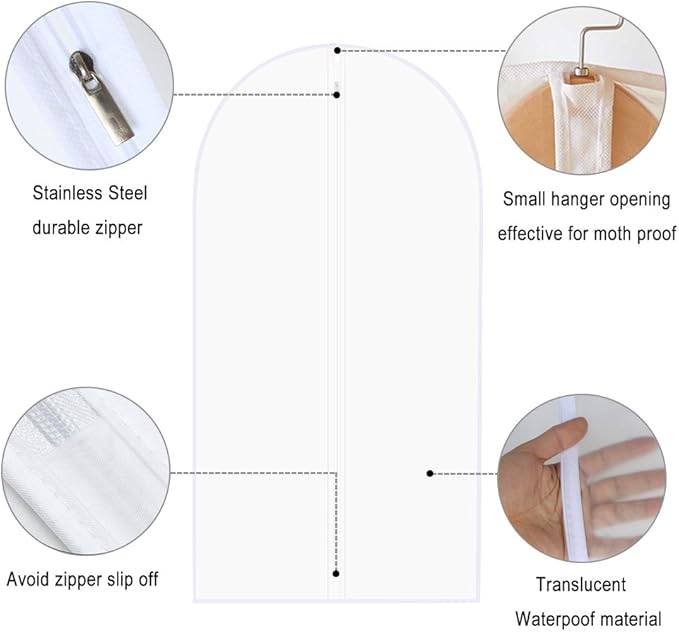 Garment Bags, Set of 5 Lightweight 33 Inch Suit Bags with Full Stainless Steel Zipper, Garment Bags for Storage/Closet/Travel (Translucent, 24 x33 Inches)