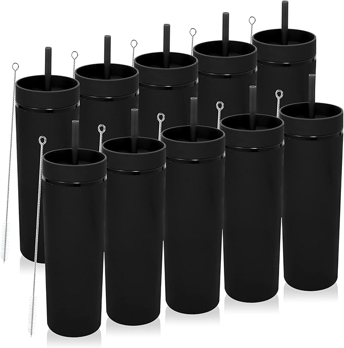 Volhoply 20oz Plastic Skinny Tumblers Bulk 10 Pack,Double Wall Tumbler with Lid and Straw,BPA Free Matte Acrylic Iced Coffee Cups with Straw,Reusable Travel Cute Mug for Party,DIY Gift(Black,10 Set)