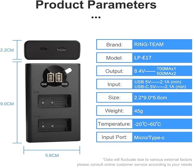 LP-E17 Dual USB Camera Battery Charger Station with LCD Display, Overcharge Protection,for R10/R50/R100/RP/850D/800D/200D/M5/M6 Mark II Cameras‌