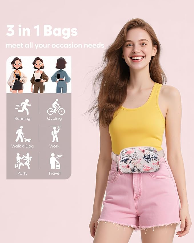 Pritent Fanny Packs for Women Cross Body Bag Waterproof Belt Bag with Adjustable Strap and Zipper Back Pocket Small Crossbody Bags Fashion Waist Packs for Workout Travelling(Flamingo Print)