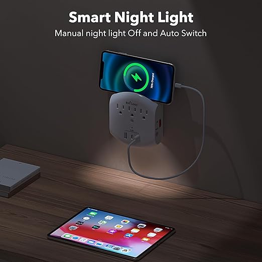 BN-LINK 3-Outlet Extender, Multi Plug Outlets with 3 USB Ports (3.4A Total), Dusk-to-Dawn Sensor Night Light, Surge Protector with Top Phone Holder, for Traveling, Home, School, Office