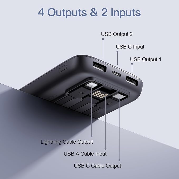 2026 2-Pack 10000mAh Portable Charger with Built in Cables, Travel Essential Battery Pack, 4 Outputs 2 Inputs Slim Power Bank with Cord Wires for iPhone 17/16/15/14, Samsung Galaxy S23/22, Pixel etc