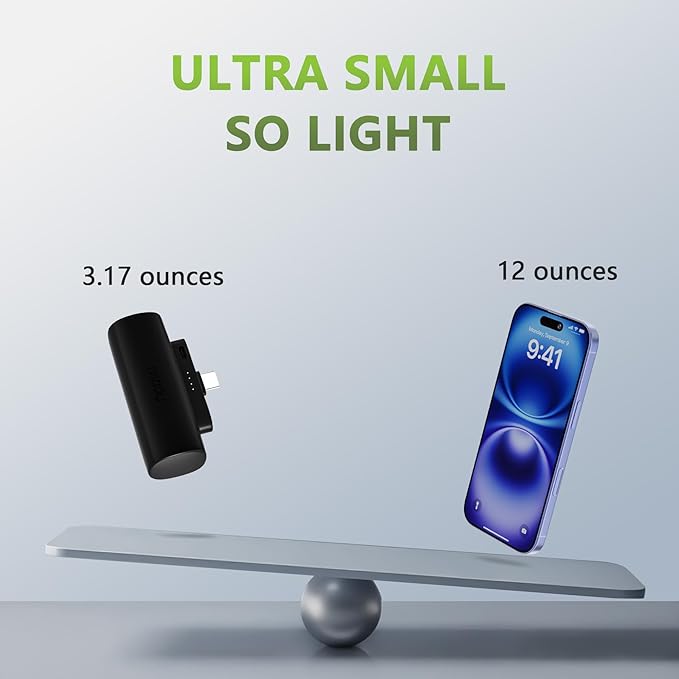Miady 2-Pack 5000mAh Mini Portable Charger with Built-in Type C Connector, 5V 2.4A USB-C Output Fast Charging Small Power Bank Compatible with iPhone 17/16 Galaxy S24/S22 (Lake Green+Clove Purple)